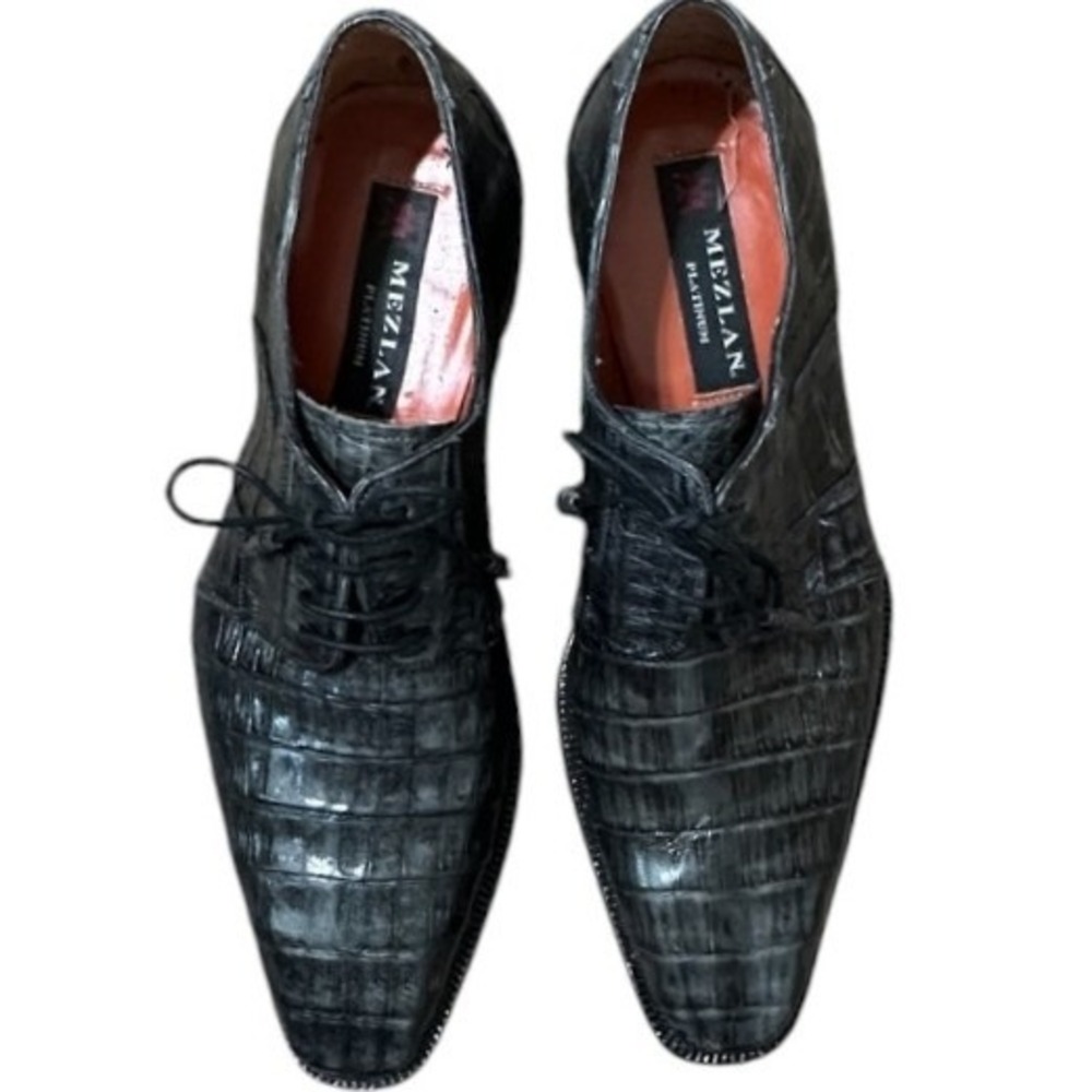 Mezlan Platinum Kingman Black Exotic Caiman Leather Shoes Vibram Sole 9.5 Spain
